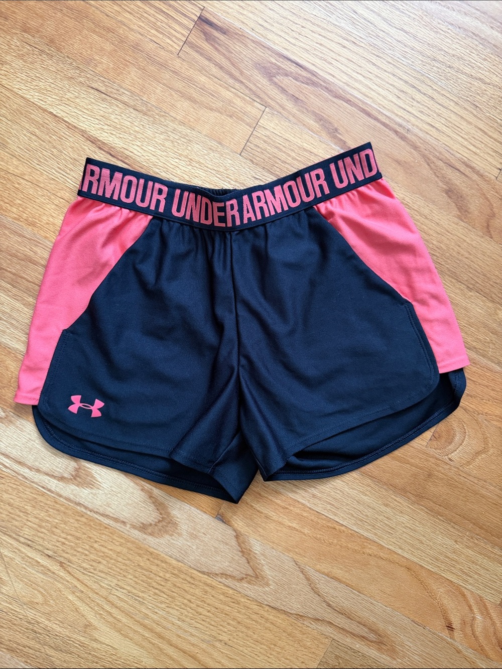 Under Armour Black & Coral Athletic Shorts with Logo Waistband